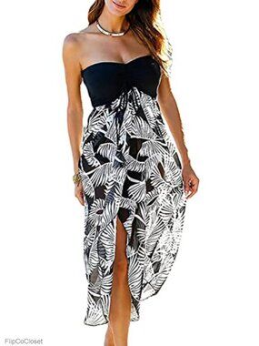 Women's Strapless Maxi Beach Dress Asymmetrical Wrap Cover Up Sundress